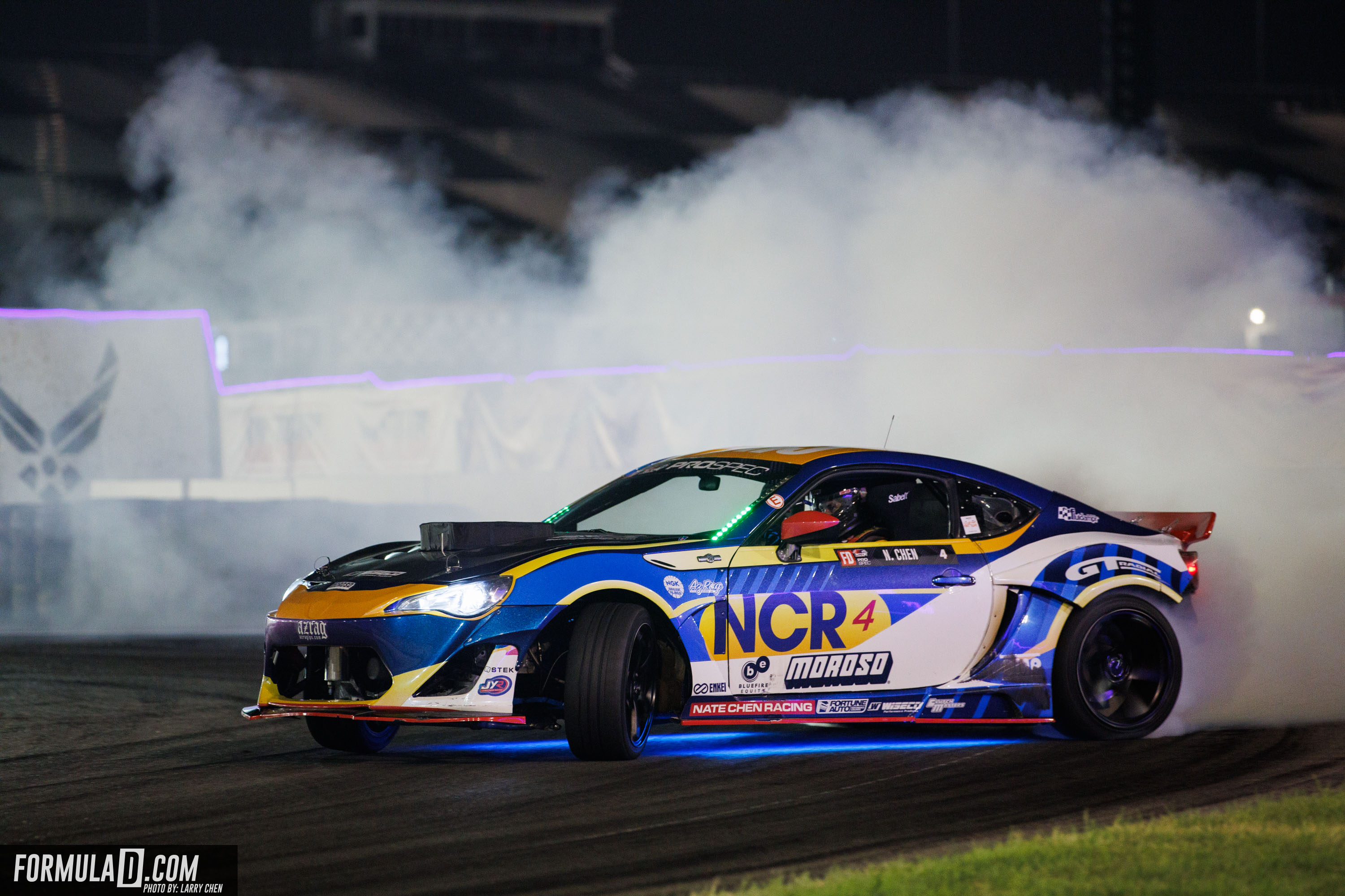 Formula Drift drift car captured trackside during a high-angle corner transition.