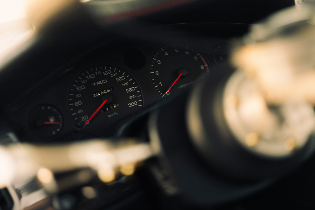 TRD gauge cluster in John Santos 1991 Toyota MR2 interior with tachometer and speedometer
