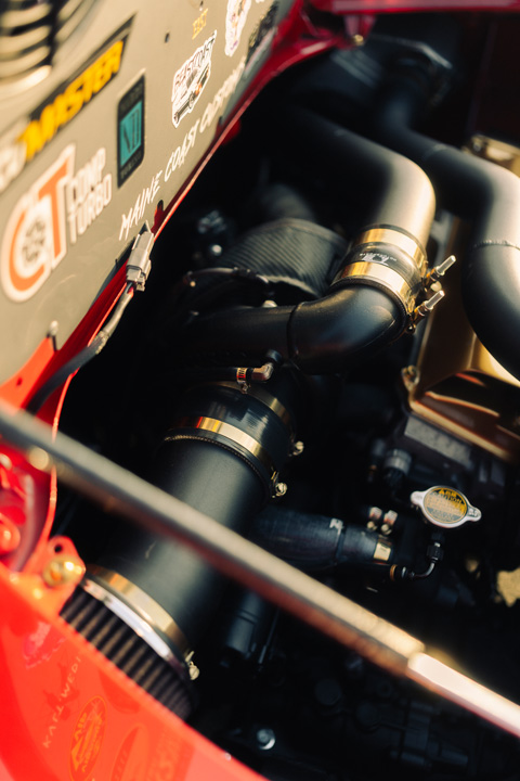 Turbo intake and piping detail in John Santos 1991 Toyota MR2 engine bay