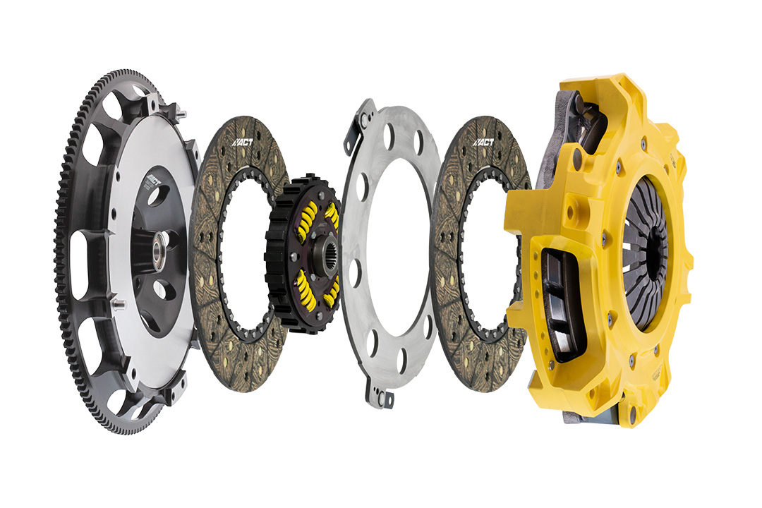 Exploded view of the ACT 10.5-inch Mod-Twin clutch kit showing the flywheel, twin discs, Mono-Drive hub system, floater plate, and pressure plate assembly.