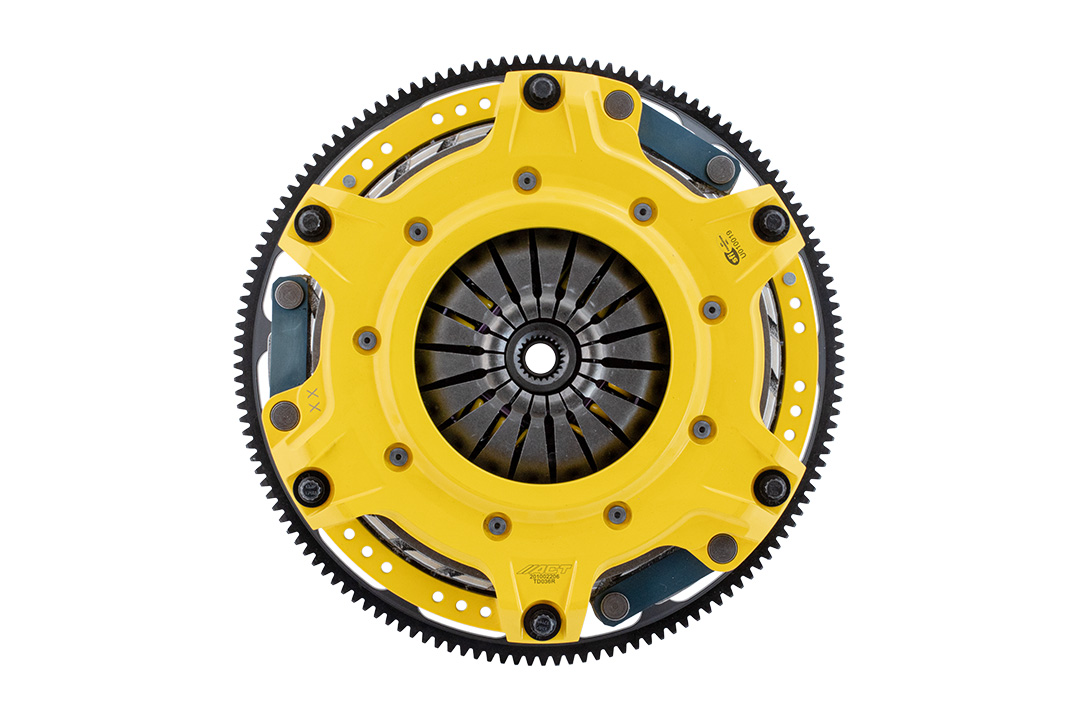Top-down view of the ACT SFI-approved 10.5-inch Mod-Twin clutch assembly for the 2024-2026 Ford Mustang GT.