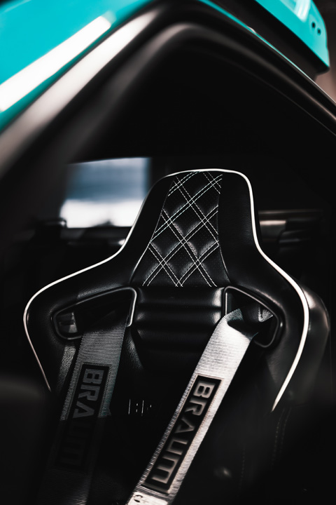 Braum ELITE-X Series reclining seat with racing harnesses inside Nicholas Sargeant’s Scion FR-S.