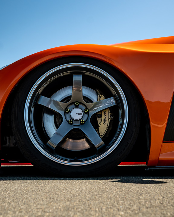 Close-up of Cassandra Balthasar’s Lexus LC500 fitted with Advan GT Premium wheels and Brembo brakes.