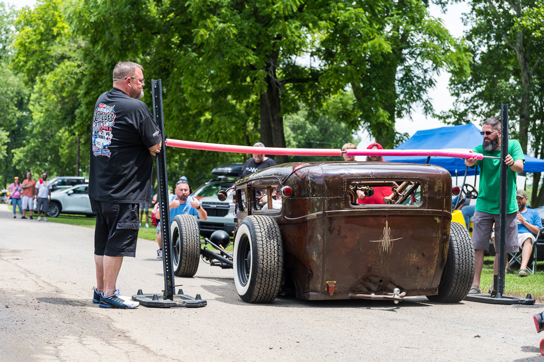 Rat rod competing in the low-car limbo contest during Slamology 2026 at Edgewater Sports Park in Cleves, Ohio.