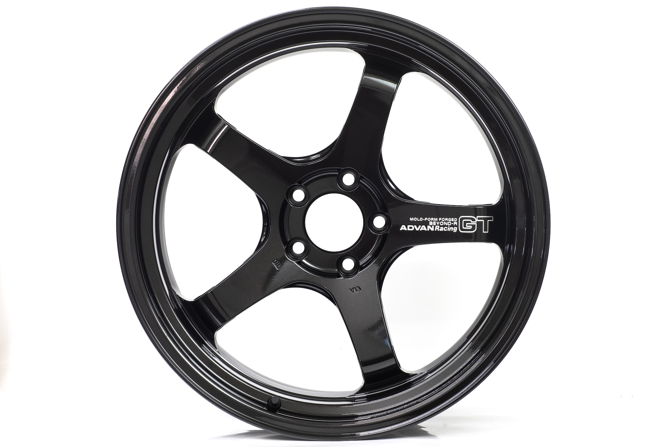 Front view of the ADVAN Racing GT BEYOND-R forged wheel in Racing Titanium Black with six-spoke design and stepped-rim profile.