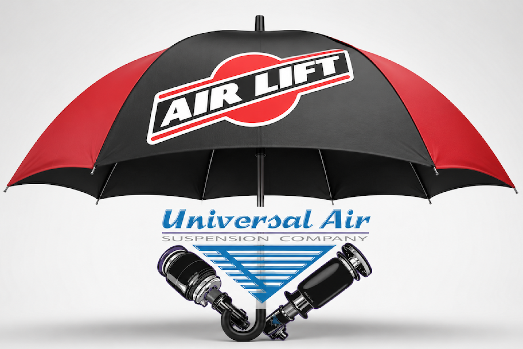 Illustration showing the Air Lift logo as an umbrella over the Universal Air Suspension logo to represent Air Lift’s acquisition of Universal Air Suspension.