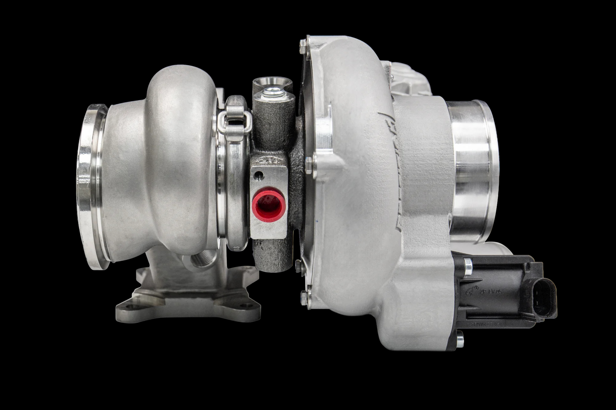 Precision Turbo Stage 2 MK7 Golf turbocharger shown in side profile for Volkswagen and Audi MQB applications.