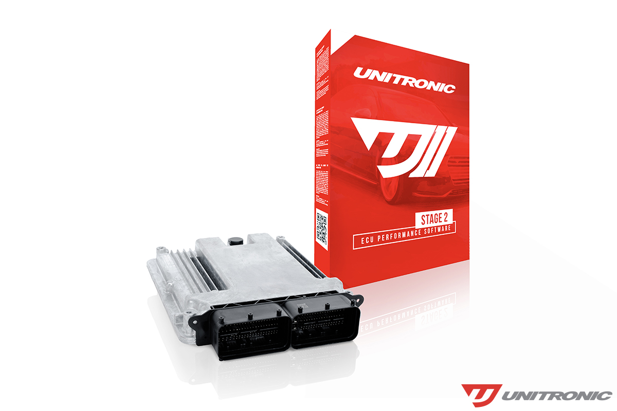 Unitronic Stage 2 ECU Performance Software packaging shown with an Audi RS3 ECU module.