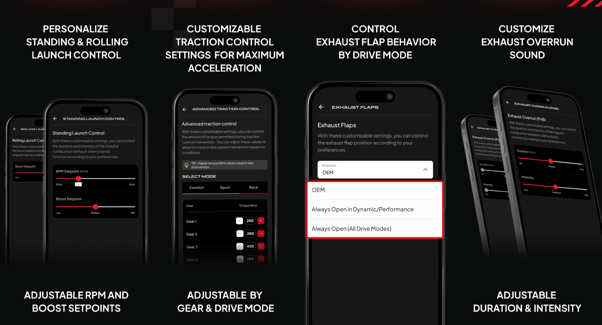 Unitronic Advanced Features mobile app interface showing adjustable launch control, traction control, exhaust flap behavior, and exhaust overrun settings.