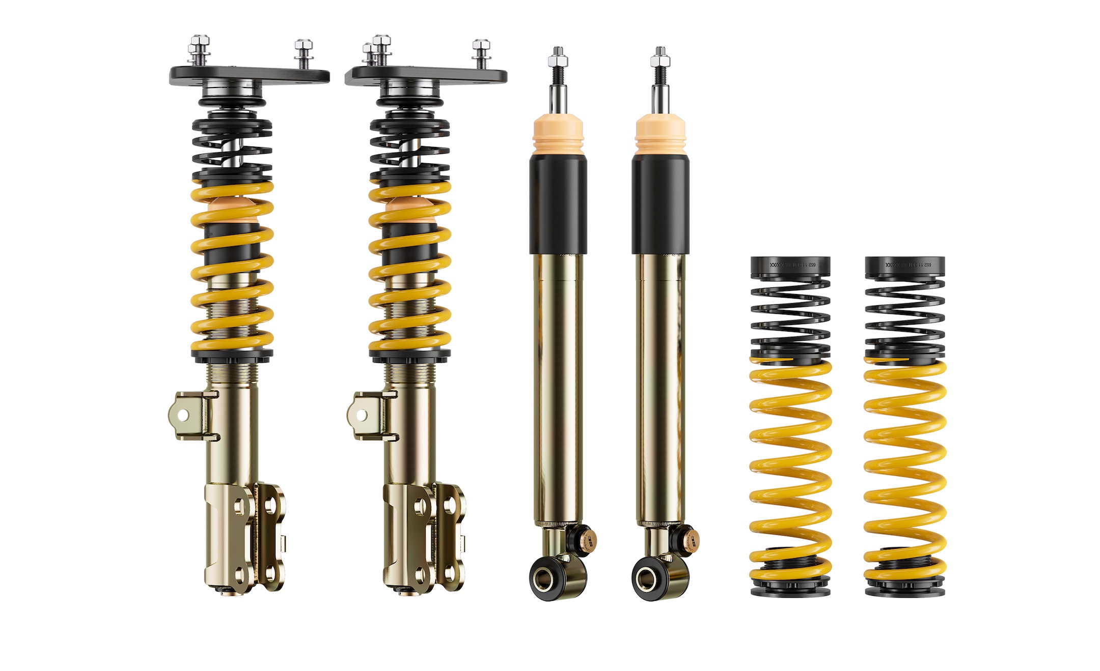 ST XTA plus 3 coilover suspension kit for Toyota GR Corolla with front struts, rear dampers, springs, and aluminum UNIBAL top mounts.