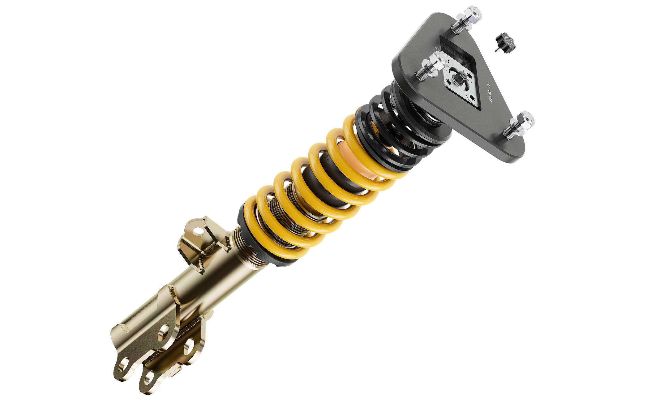 ST XTA plus 3 front coilover strut for Toyota GR Corolla with yellow spring, aluminum UNIBAL top mount, and camber-adjustment hardware.
