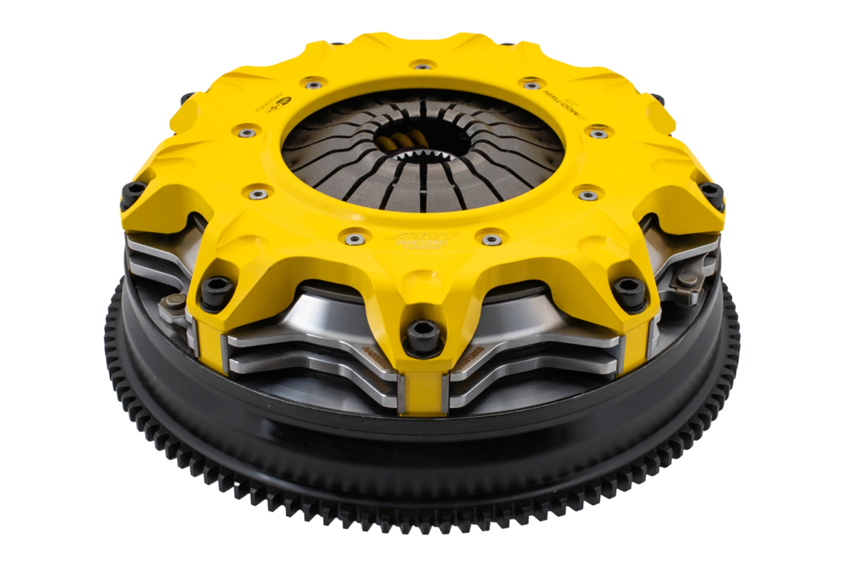ACT 225mm Mod-Twin clutch kit for BMW N54 and N55 engines shown assembled with yellow pressure plate and XACT Streetlite flywheel.
