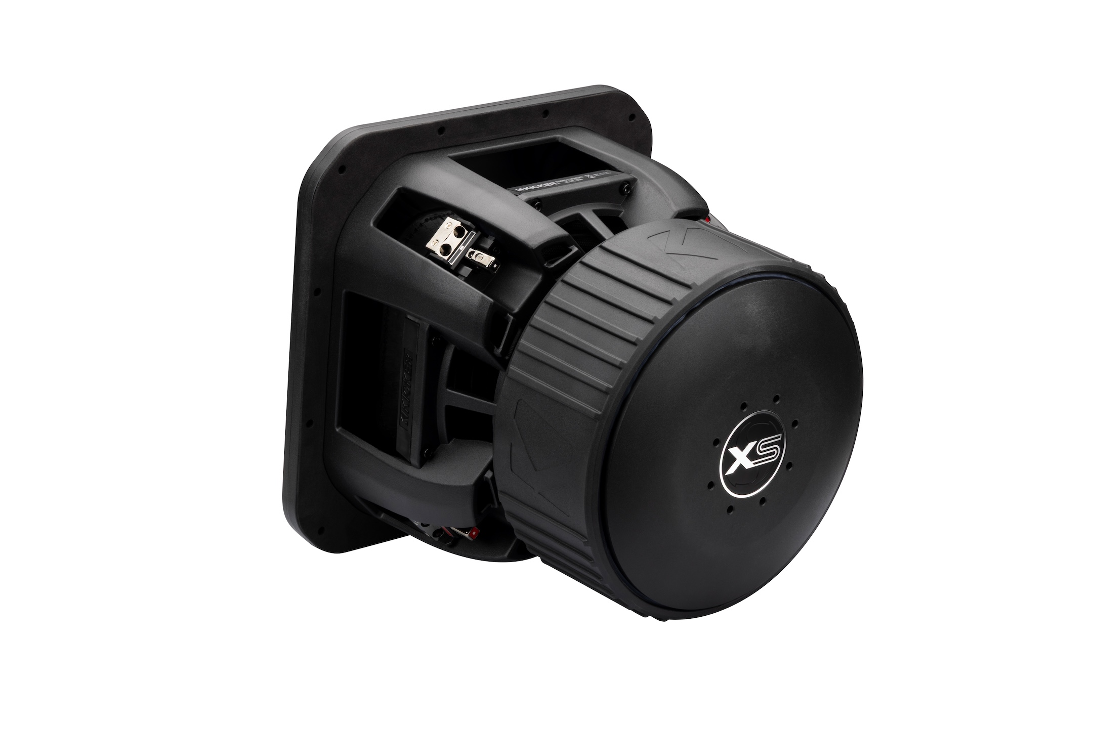 KICKER SoloXS L7XS square subwoofer shown from the rear three-quarter angle with oversized motor assembly, cast basket, and speaker terminals.