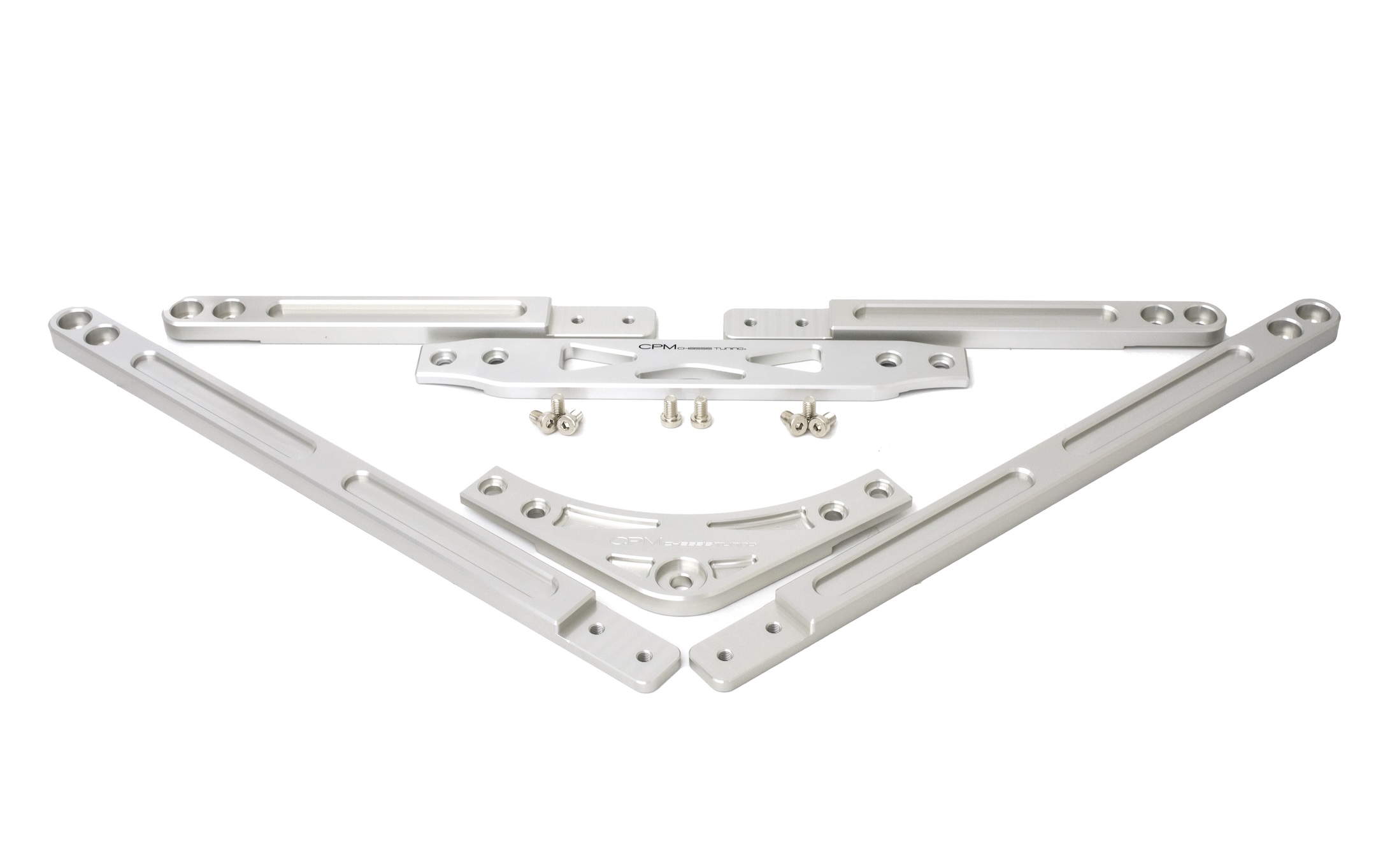 CPM Aluminum Front Upper Strut Brace for BMW G8X M2, M3, and M4 applications shown with mounting hardware.