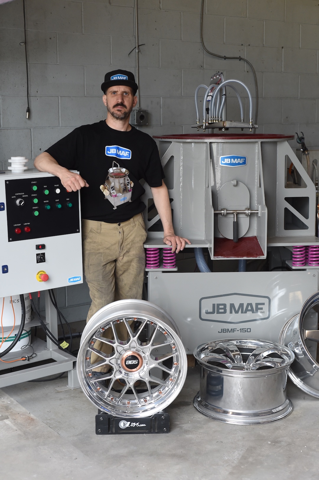 JB MAF wheel finishing shop portrait with polished wheels, finishing equipment, and workshop machinery.