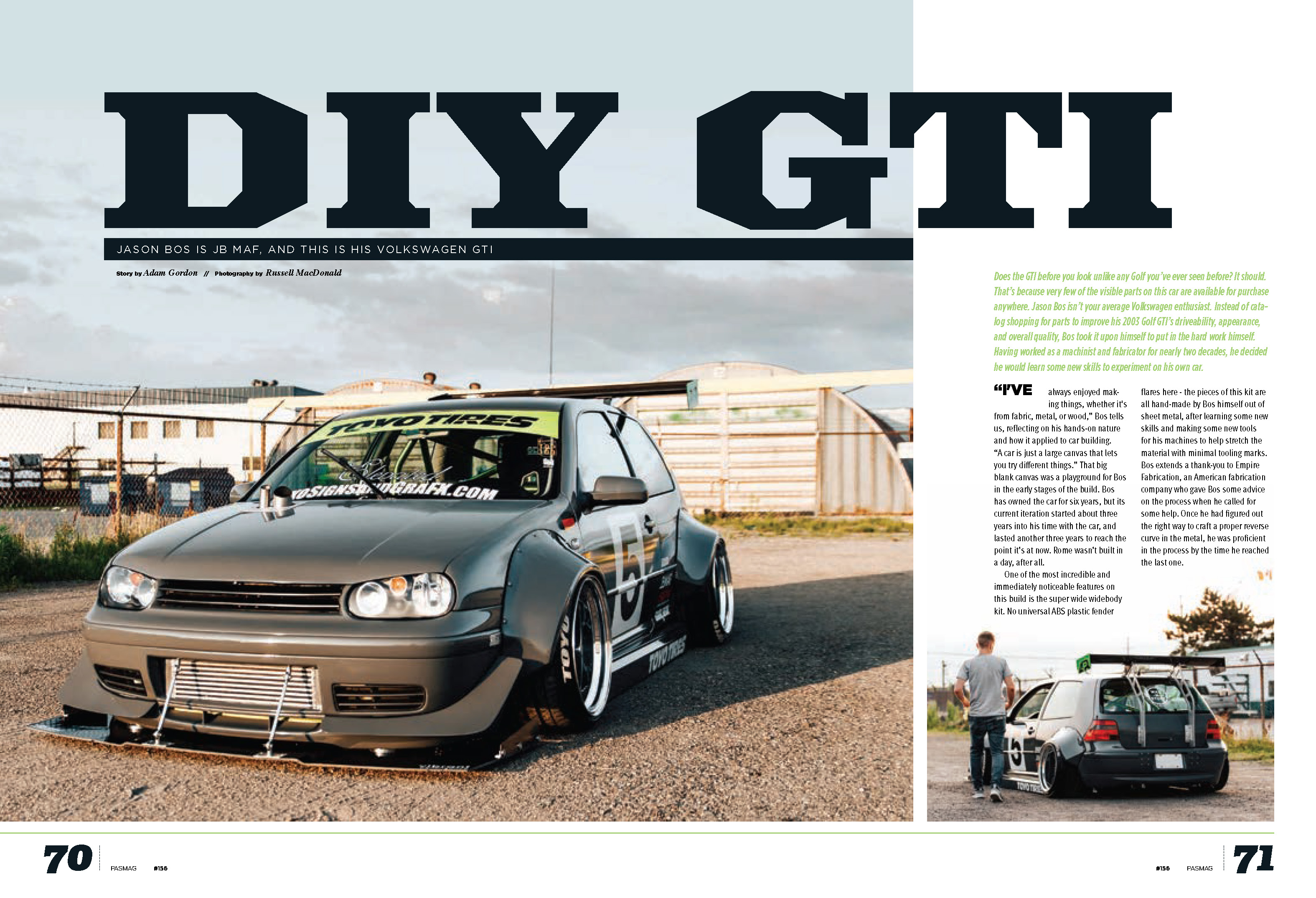 Opening double-page spread of the DIY GTI feature from PASMAG Issue 156 featuring Jason Bos’ 2003 Volkswagen Golf GTI.