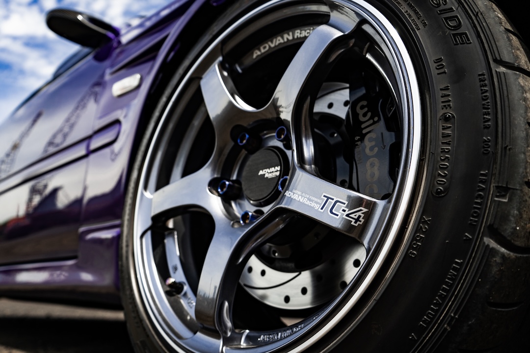 Close-up of the ADVAN Racing TC-4 wheel and Wilwood big brake kit on Brandon Elste’s 1996 Honda Civic.