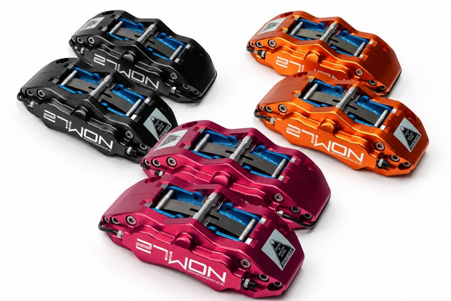 27WON 4-piston front brake calipers in Stealth Black, Sunset Orange and Metallic Crimson for Honda Civic and Acura Integra applications.