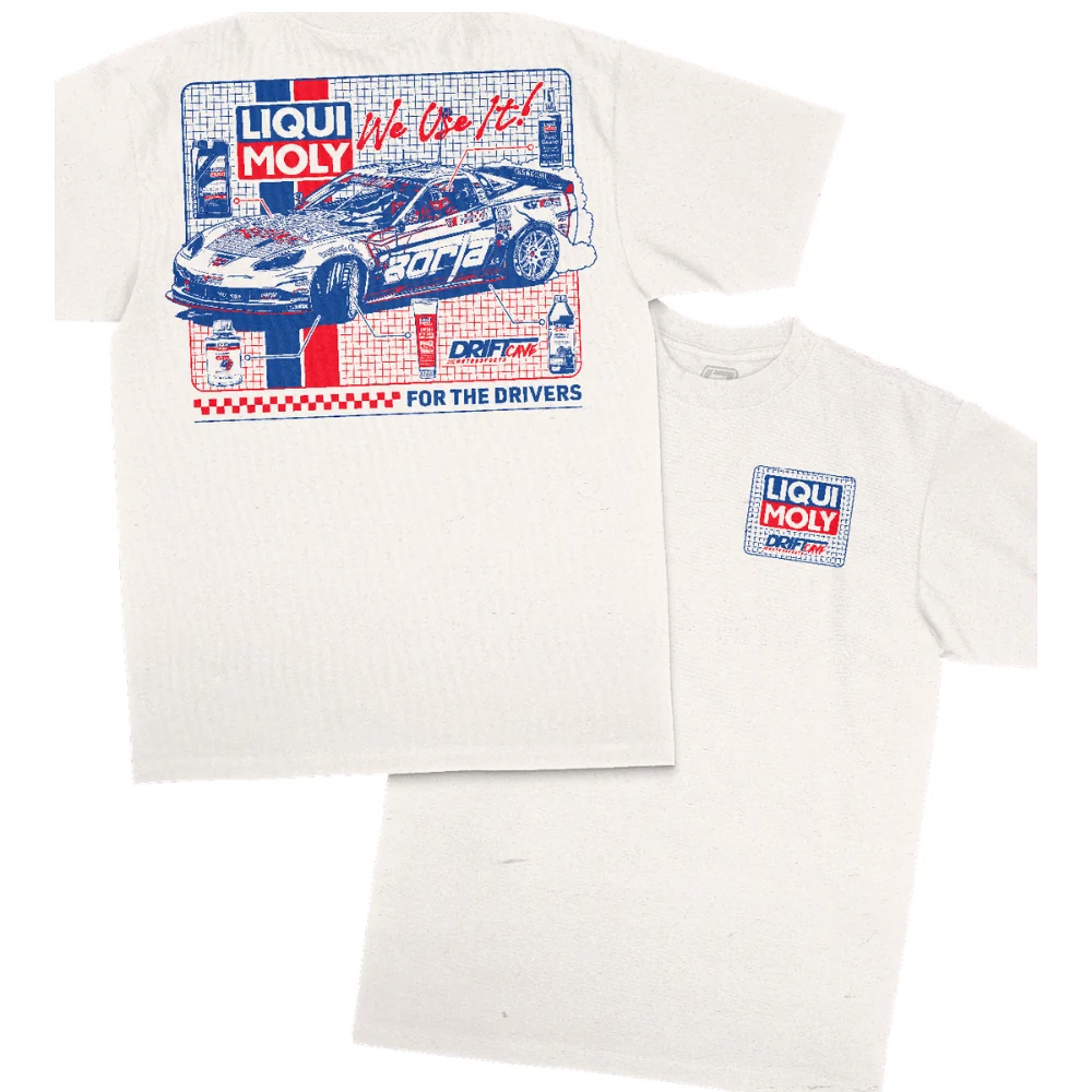 Front and back of the Matt Field x LIQUI MOLY “We Use It!” Drift Tee featuring Drift Cave and Formula Drift-inspired graphics.