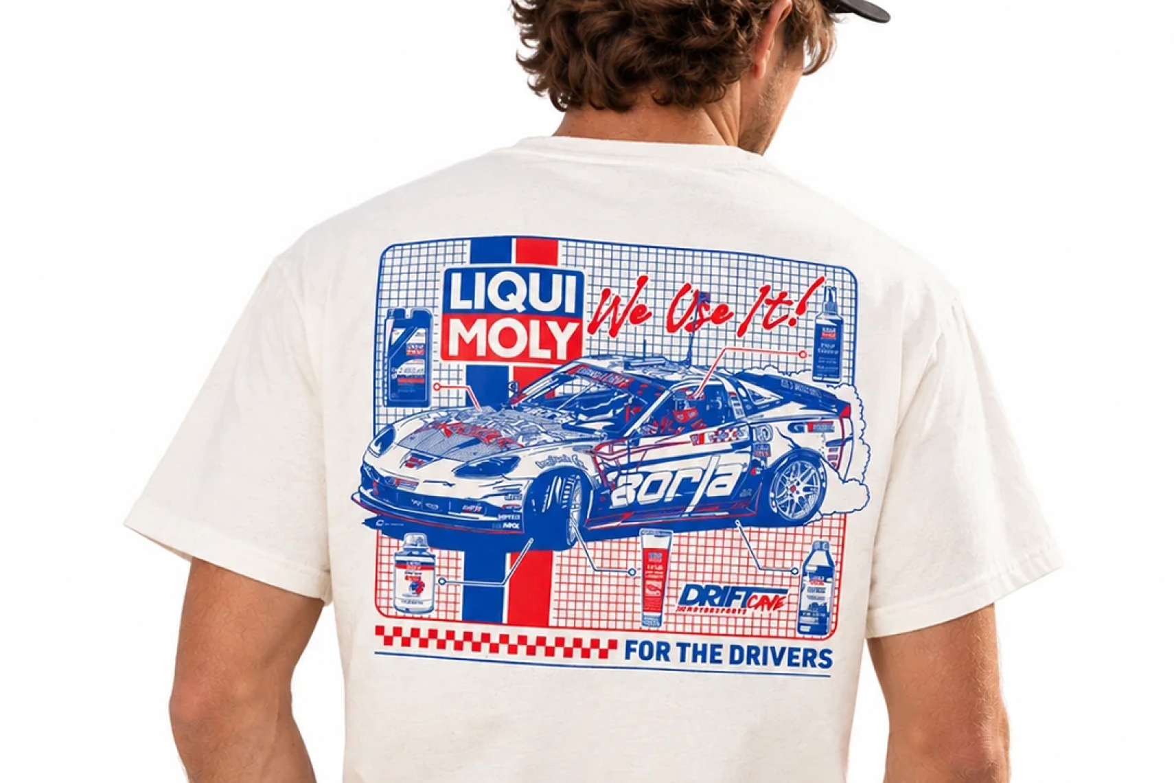 Matt Field x LIQUI MOLY “We Use It!” Drift Tee featuring Field’s Formula Drift Corvette and LIQUI MOLY graphics.