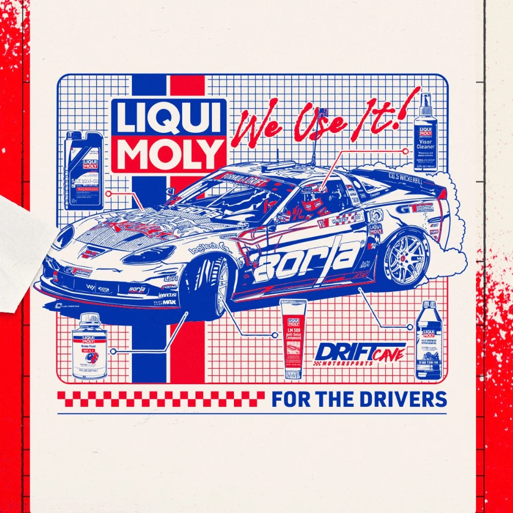 Matt Field’s Formula Drift Corvette featured in the LIQUI MOLY “We Use It!” Drift Tee artwork.