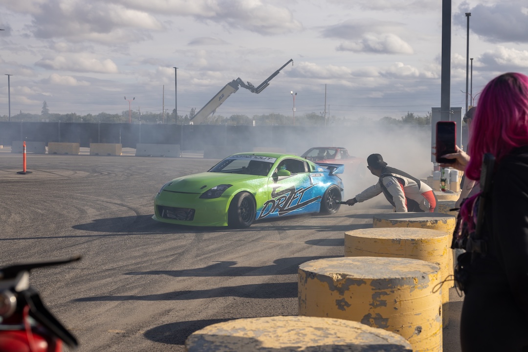 Gonzo Drift Team performs a drift demonstration outside the 2026 Modified Automotive Show in Regina, Saskatchewan.