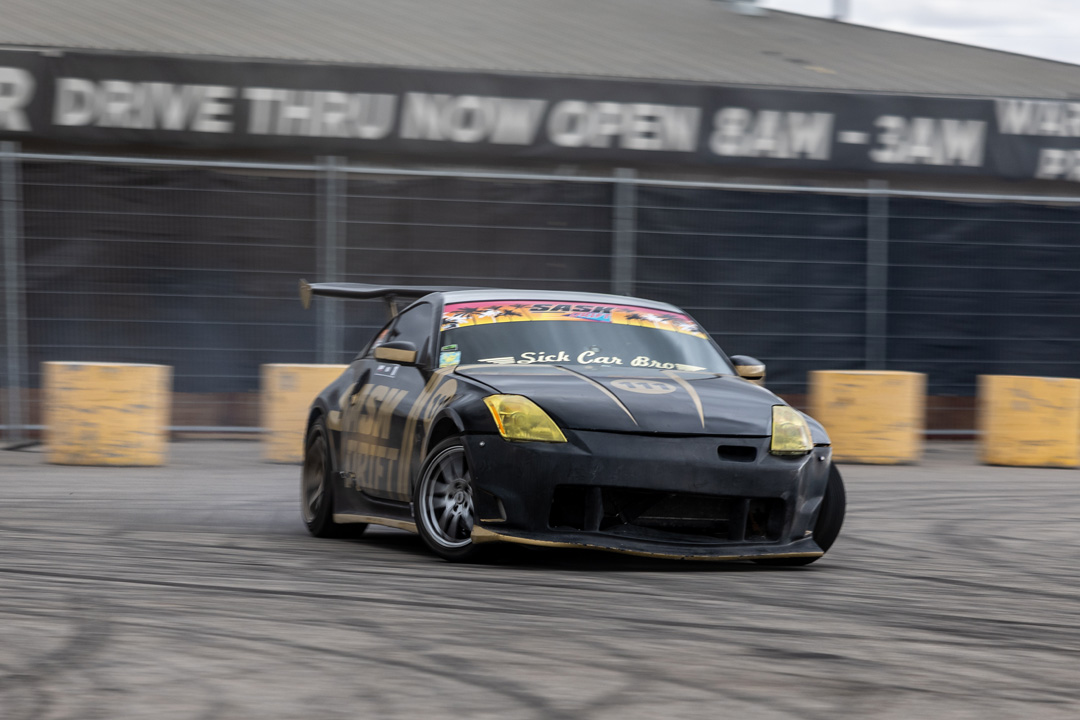 Gonzo Drift Team action at the 2026 Modified Automotive Show in Regina, Saskatchewan.