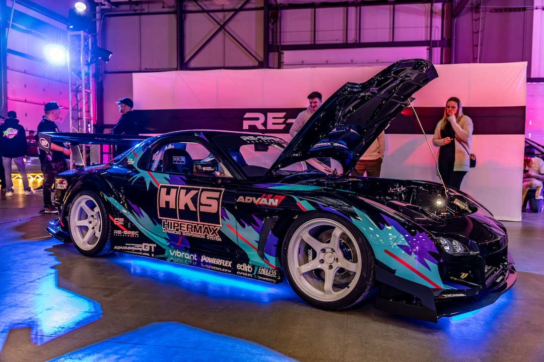 Re-Spec Performance HKS-7 four-rotor Mazda RX-7 on display at the 2026 Modified Automotive Show in Regina, Saskatchewan.