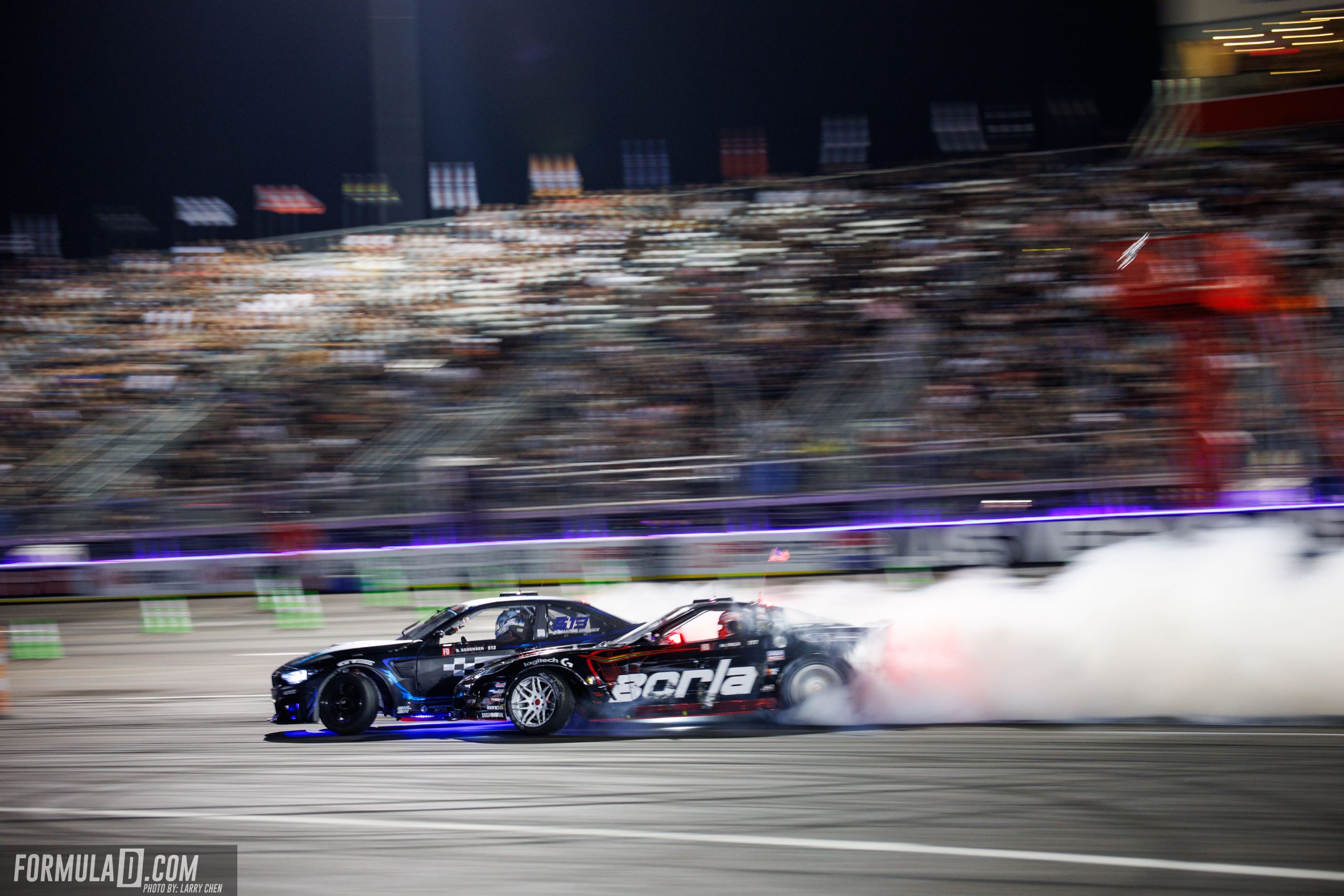 Branden Sorensen and Matt Field battle during Formula Drift Round 7 at Las Vegas Motor Speedway.