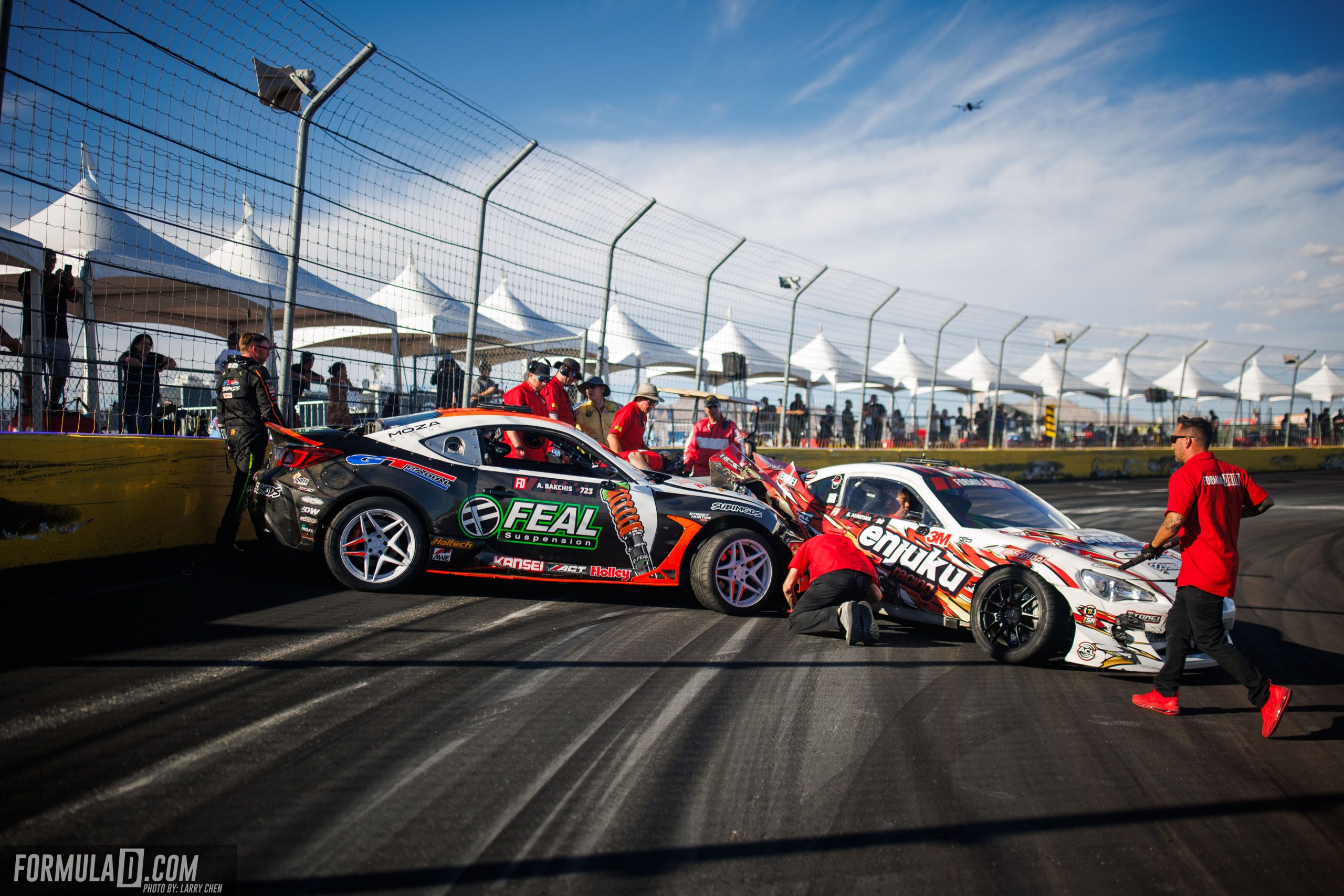 Odi Bakchis’ Formula Drift car following an on-track incident during Round 7 at Las Vegas Motor Speedway.