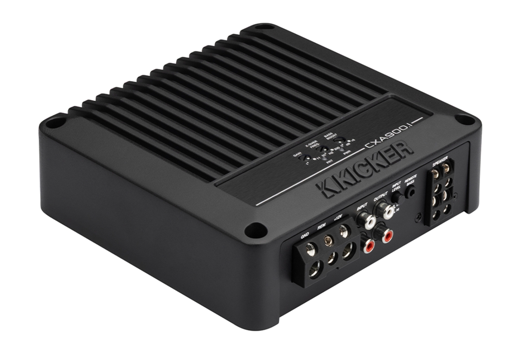 KICKER CXA900.1 mono Class-D subwoofer amplifier with onboard controls and input connections.