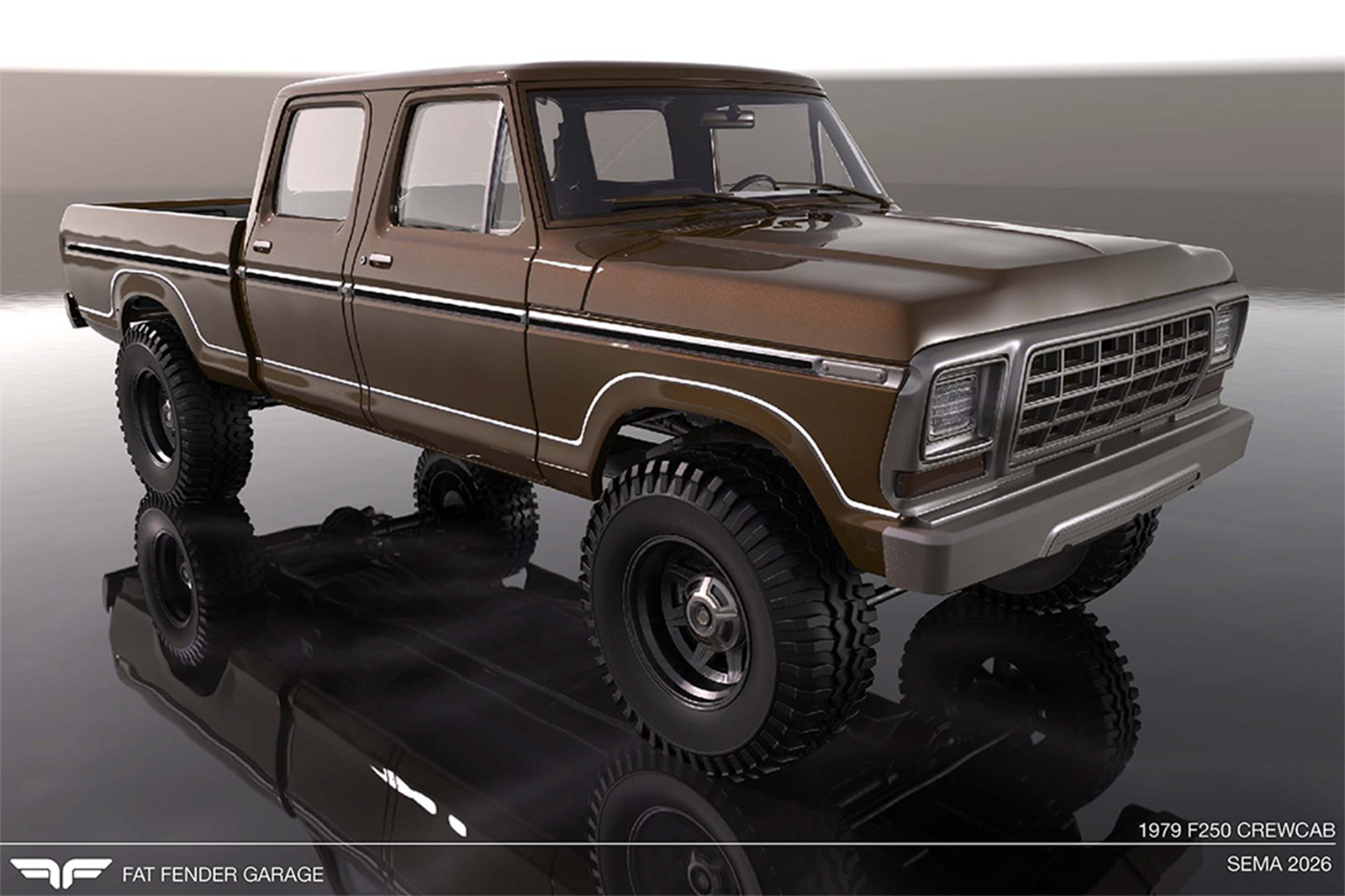 Front three-quarter rendering of the 1979 Ford F-250 Crew Cab by Fat Fender Garage, featuring bronze-brown metallic paint, a lifted 4x4 stance, custom wheels and Toyo Open Country R/T Trail tires.