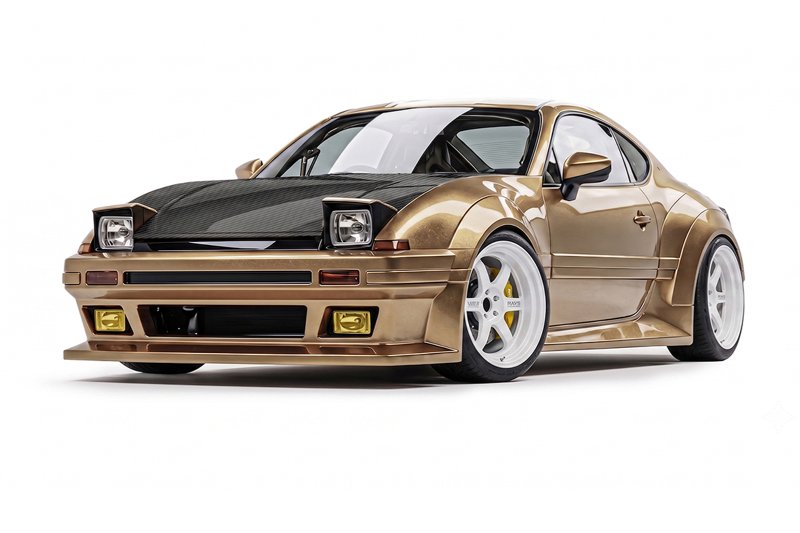 Front three-quarter view of Daniel Song's 2014 Scion FR-S Neo86 featuring AE86-inspired pop-up headlights, bronze widebody, carbon-fiber hood and white RAYS TE37V wheels.